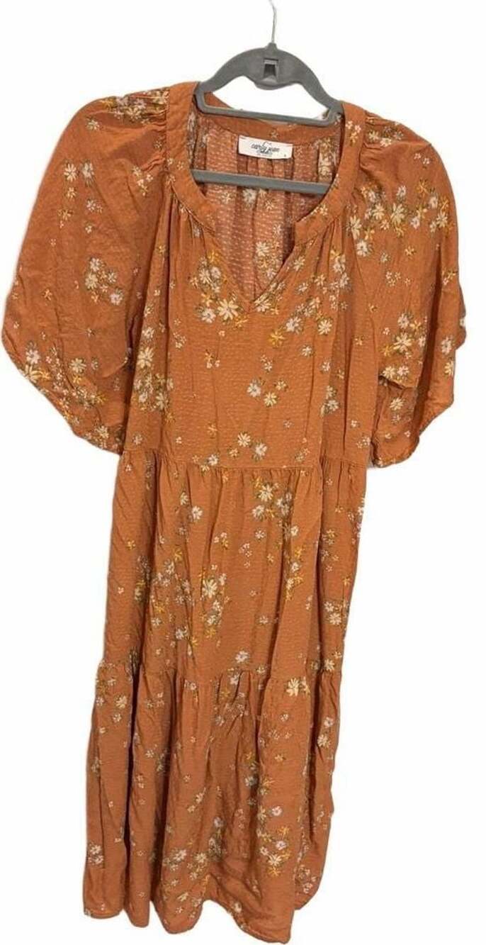 Carly Jean Los Angeles Floral Tiered Midi Dress Size S Rust Boho Made USA Autumn